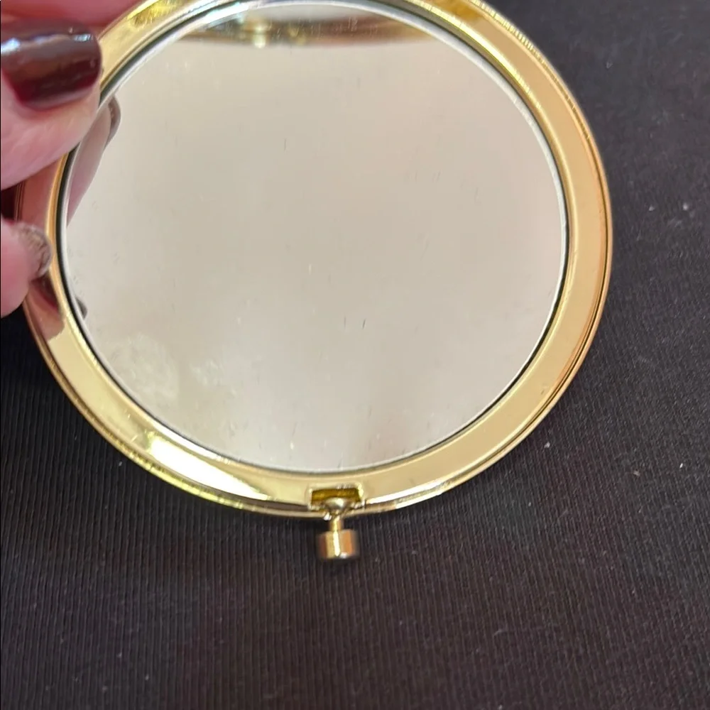 Lovely Embroidered Floral Butterfly Compact Mirror Gold Tone Yellow Green Brown